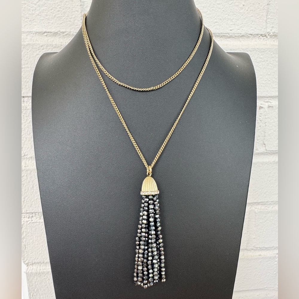 J Crew Black & Gold Sparkly Tassel Necklace